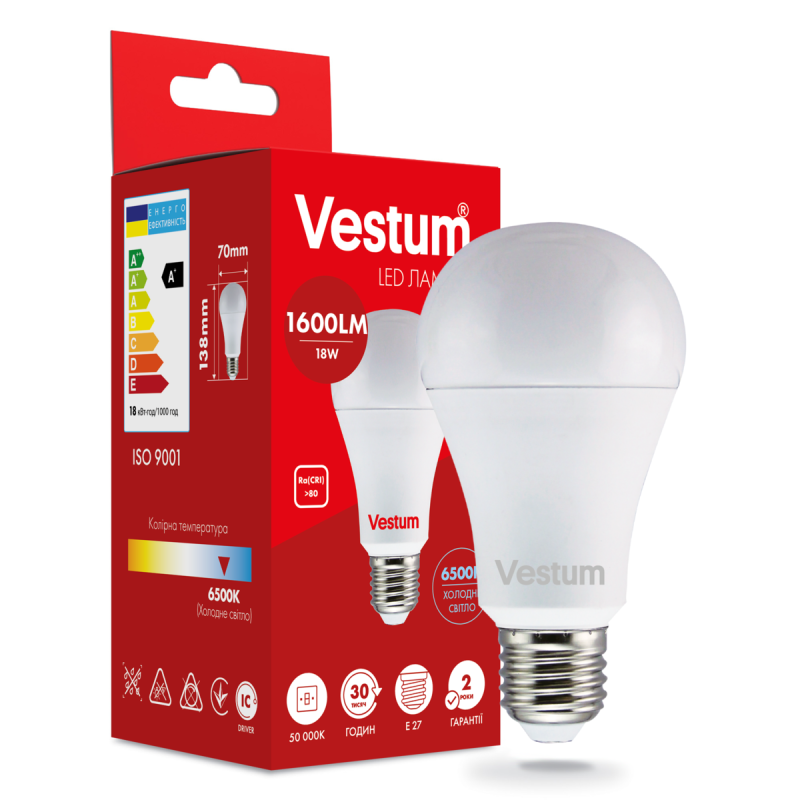Світлодіодна лампа Vestum A70 18W 6500K 220V E27 1-VS-1113